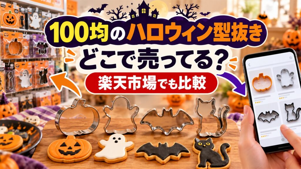 100均のハロウィン型抜きはどこで売っているか、楽天市場との比較を示すアイキャッチ