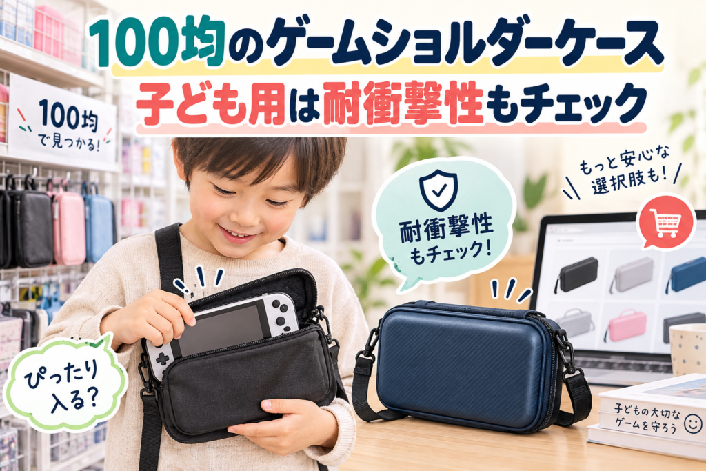 100均のゲームショルダーケースと耐衝撃ケースを比べる子ども
