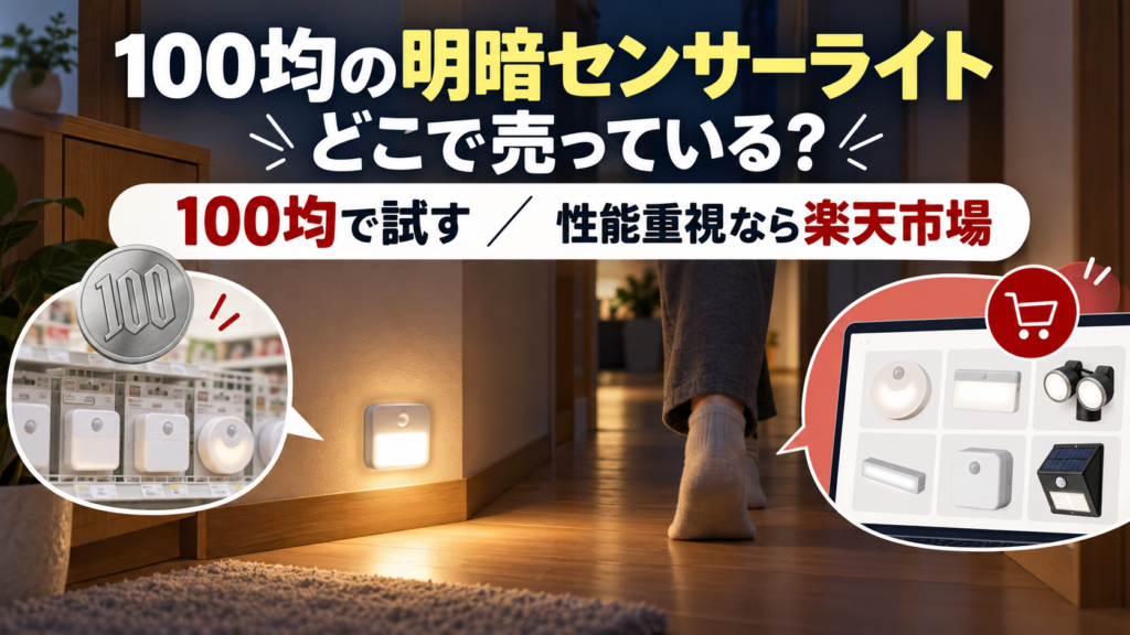 100均の明暗センサーライトと楽天市場の商品を比較する記事アイキャッチ