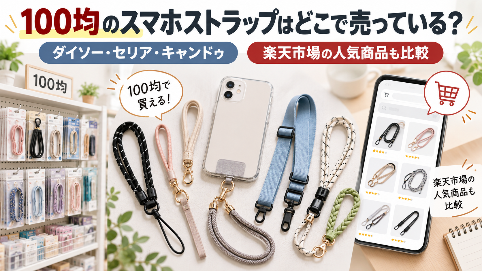 100均のスマホストラップがどこで売っているかと楽天市場の人気商品を比較する記事アイキャッチ