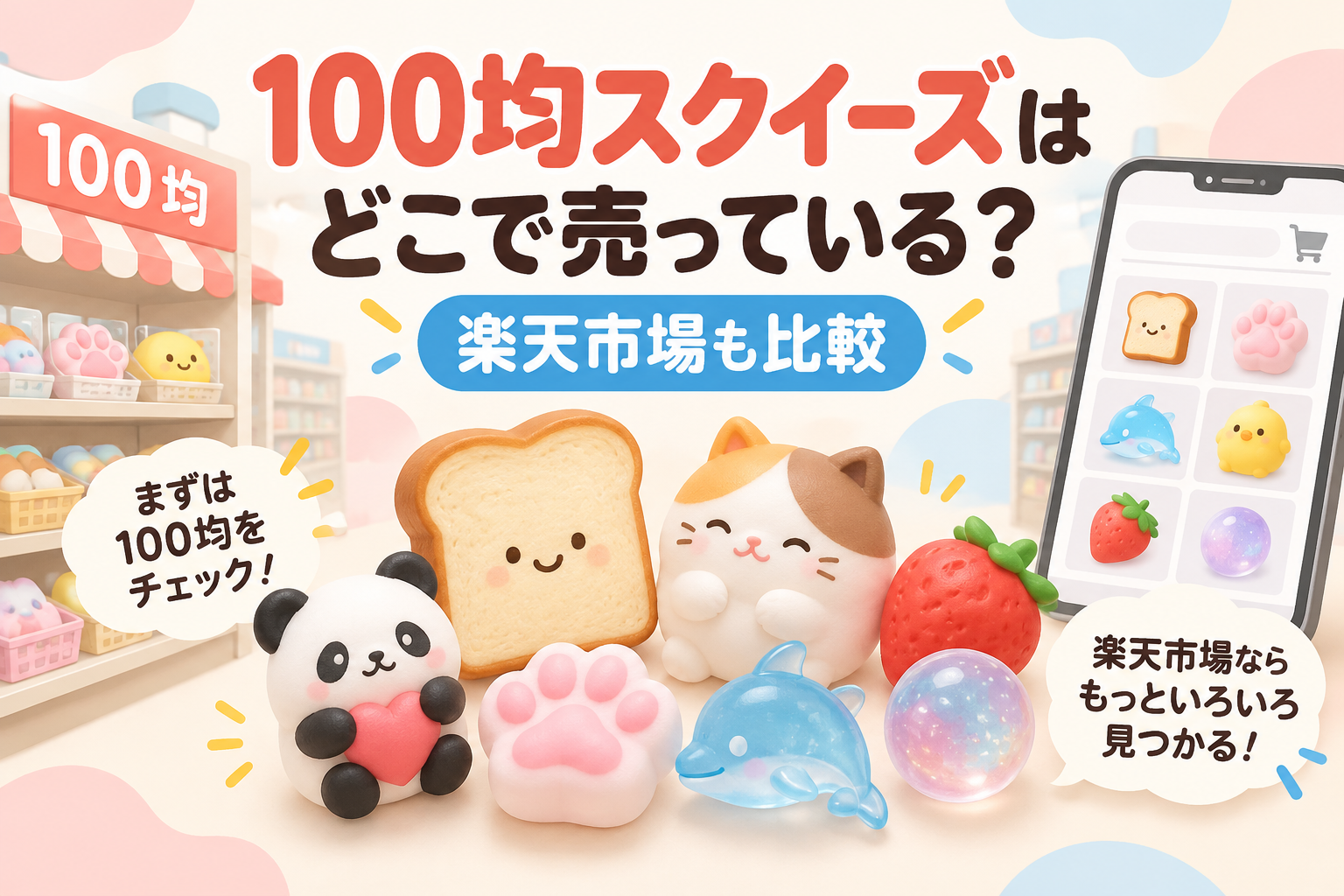 100均のスクイーズ売り場と楽天市場の比較を表したアイキャッチ