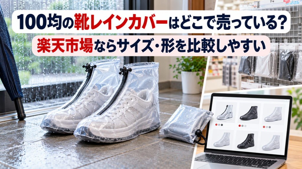 100均の靴レインカバー売り場と楽天市場での比較を示すアイキャッチ