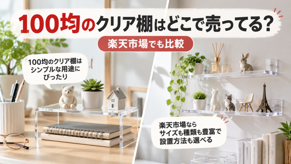 100均のクリア棚と楽天市場の商品を用途別に比較するイメージ