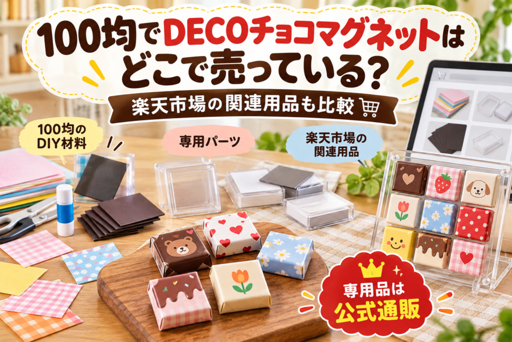 100均でDECOチョコマグネットはどこで売っているかと楽天市場の関連用品を比較する記事のアイキャッチ