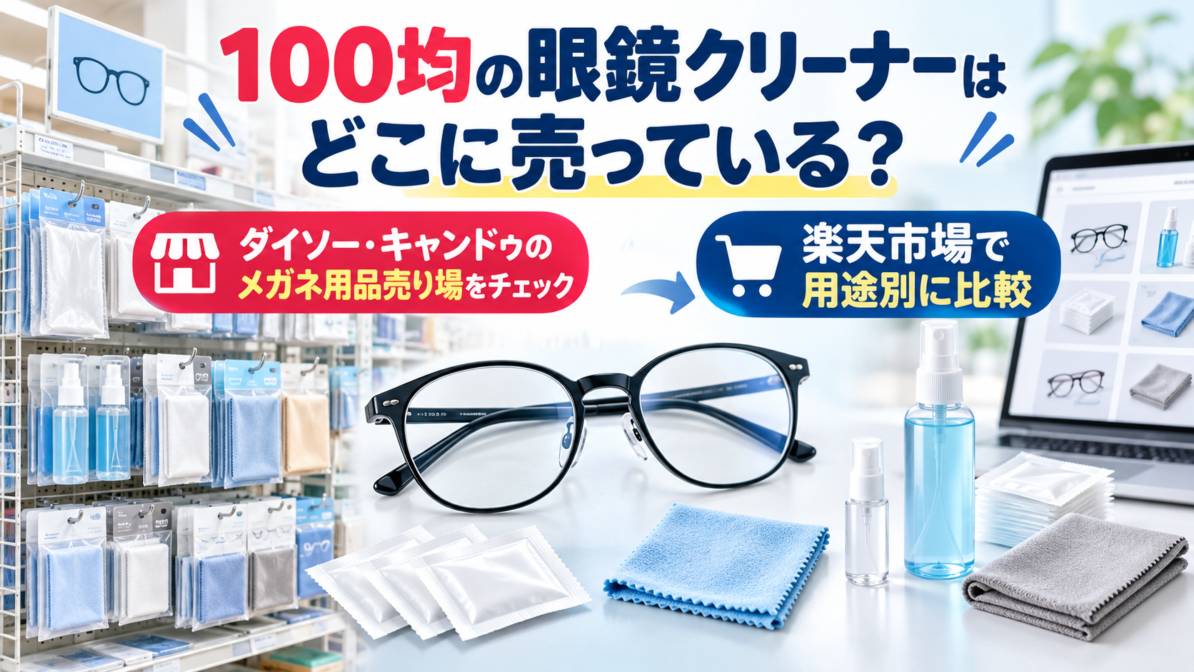 100均の眼鏡クリーナー売り場と楽天市場での比較を示すイメージ
