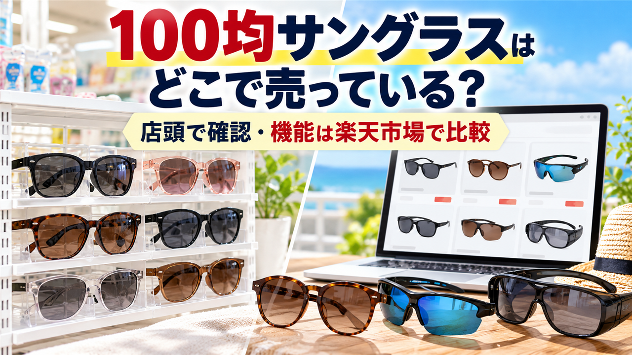 100均のサングラス売り場と楽天市場での機能比較を示すアイキャッチ