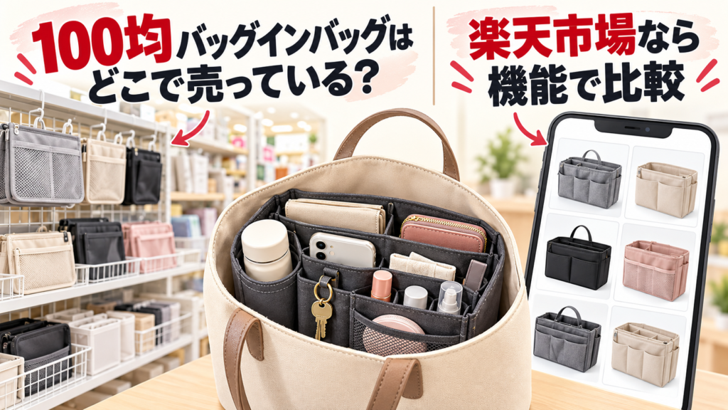 100均の売り場と楽天市場でバッグインバッグを比較するイメージ