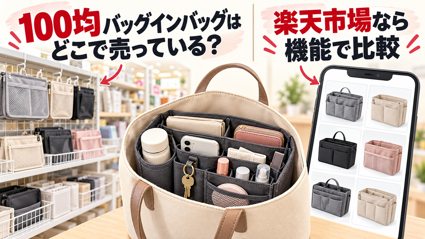 100均の売り場と楽天市場でバッグインバッグを比較するイメージ