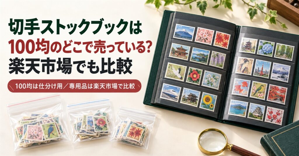 切手ストックブックは100均のどこで売っているかと楽天市場の商品を比較する記事のアイキャッチ
