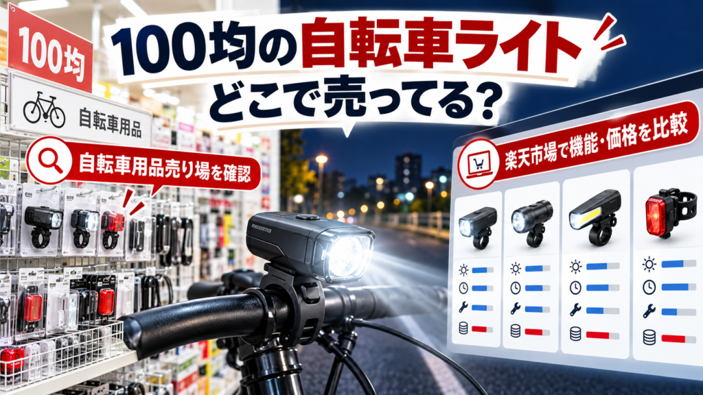 100均の自転車ライト売り場と楽天市場での比較を示すイメージ