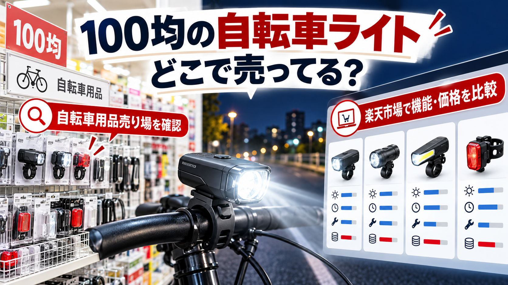 100均の自転車ライト売り場と楽天市場での比較を示すイメージ